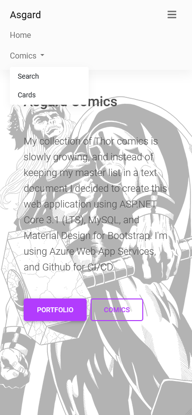 Asgard Comics Home with Nav Dropdown
